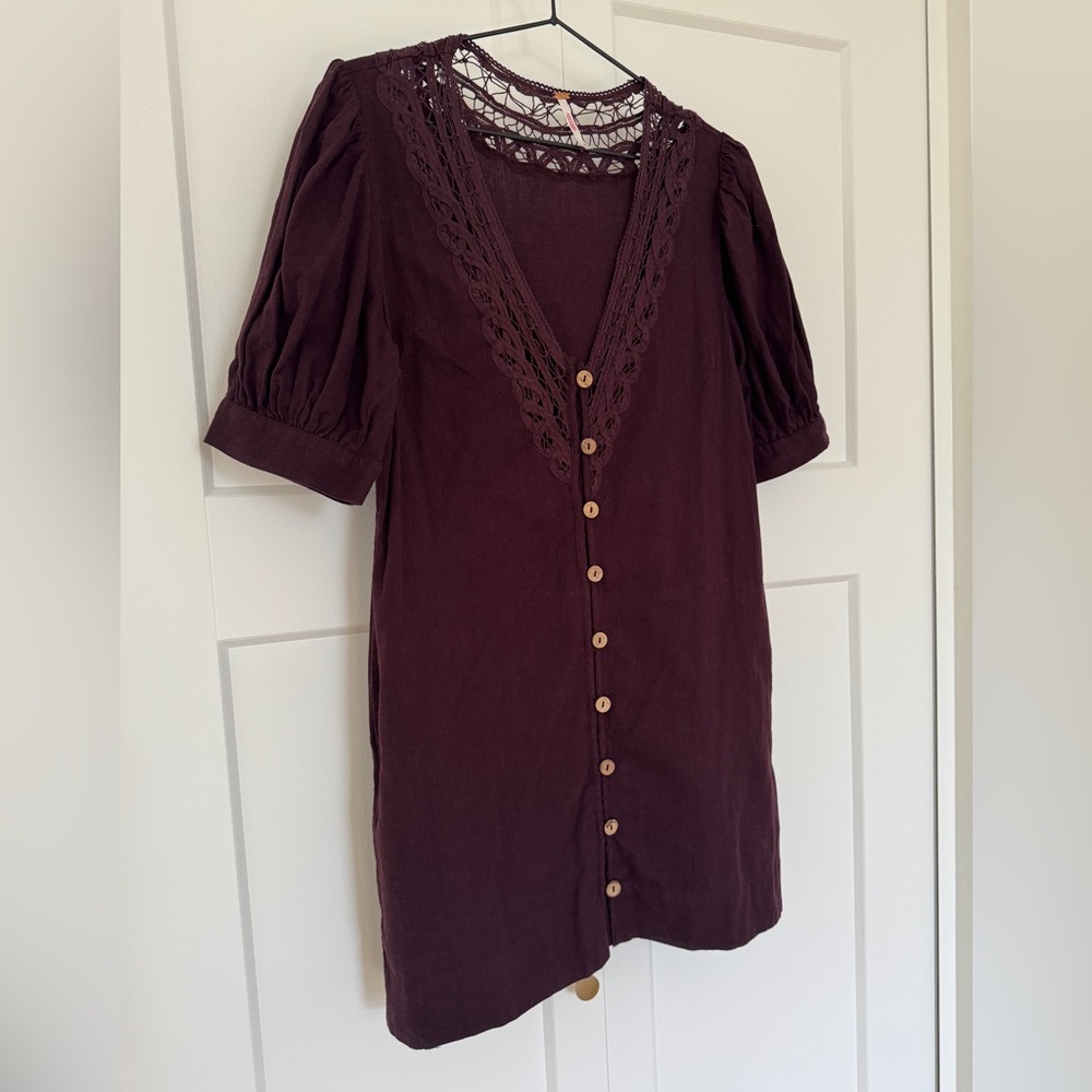 free people dress deep v puff sleeves crochet neckline